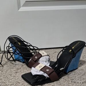 Fashion Nova Brown, Cream & Blue Lace-Up Block Heel Sandals